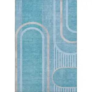 Photo of Teal And Khaki Geometric Washable Area Rug With UV Protection