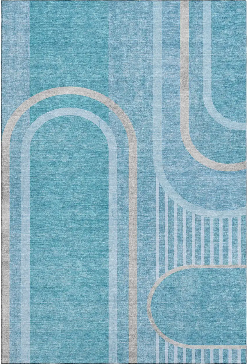 Teal And Khaki Geometric Washable Area Rug With UV Protection Photo 1