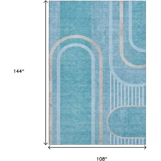 Teal And Khaki Geometric Washable Area Rug With UV Protection Photo 3