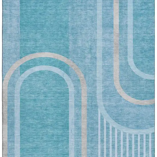 Teal And Khaki Geometric Washable Area Rug With UV Protection Photo 4