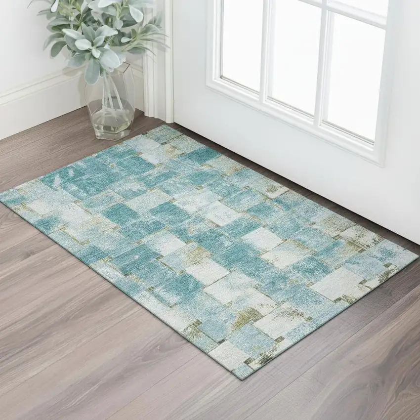 Teal And Khaki Striped Washable Area Rug With UV Protection Photo 2