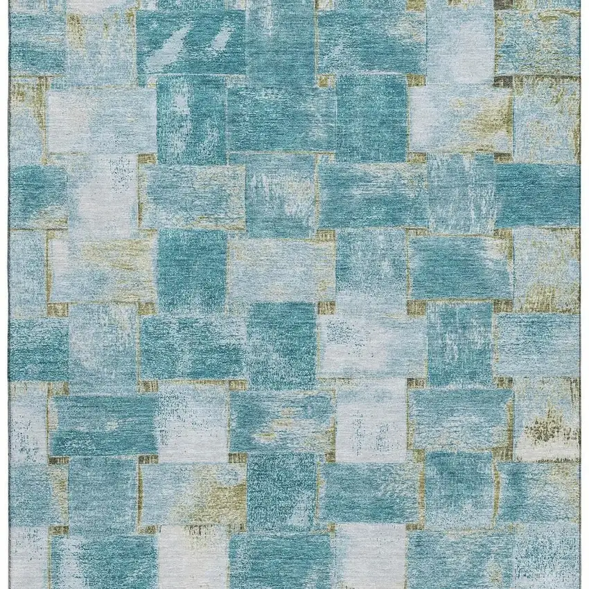 Teal And Khaki Striped Washable Area Rug With UV Protection Photo 4