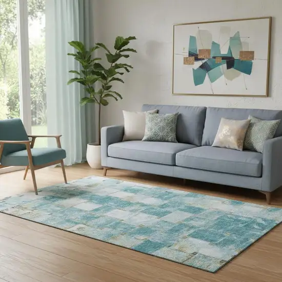 Teal And Khaki Striped Washable Area Rug With UV Protection Photo 2