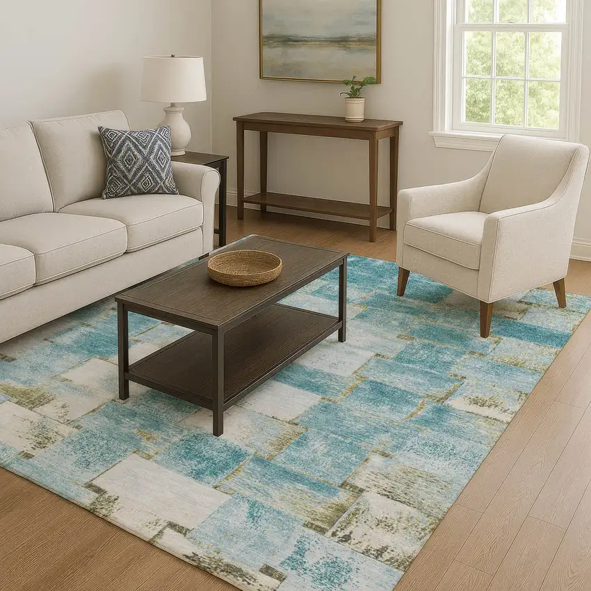 Teal And Khaki Striped Washable Area Rug With UV Protection Photo 6