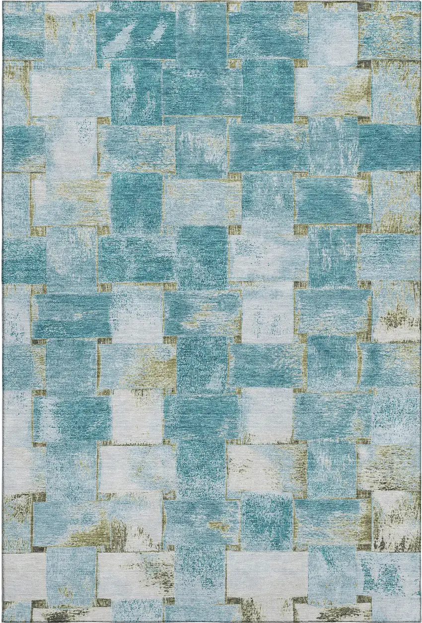 Teal And Khaki Striped Washable Area Rug With UV Protection Photo 1