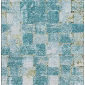 Photo of Teal And Khaki Striped Washable Area Rug With UV Protection