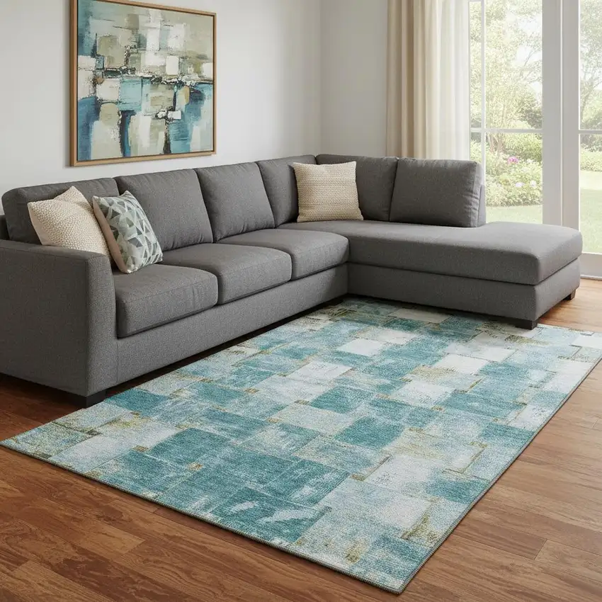 Teal And Khaki Striped Washable Area Rug With UV Protection Photo 2