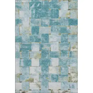 Photo of Teal And Khaki Striped Washable Area Rug With UV Protection