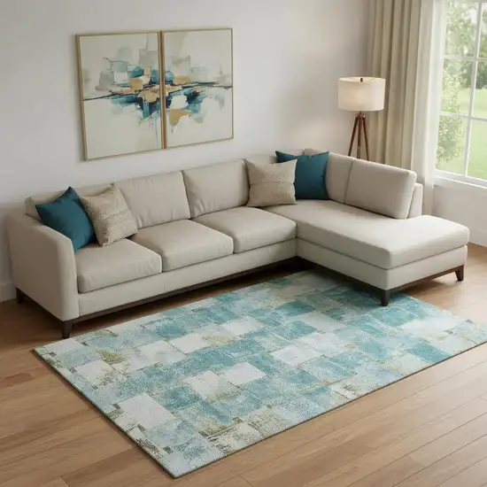 Teal And Khaki Striped Washable Area Rug With UV Protection Photo 2