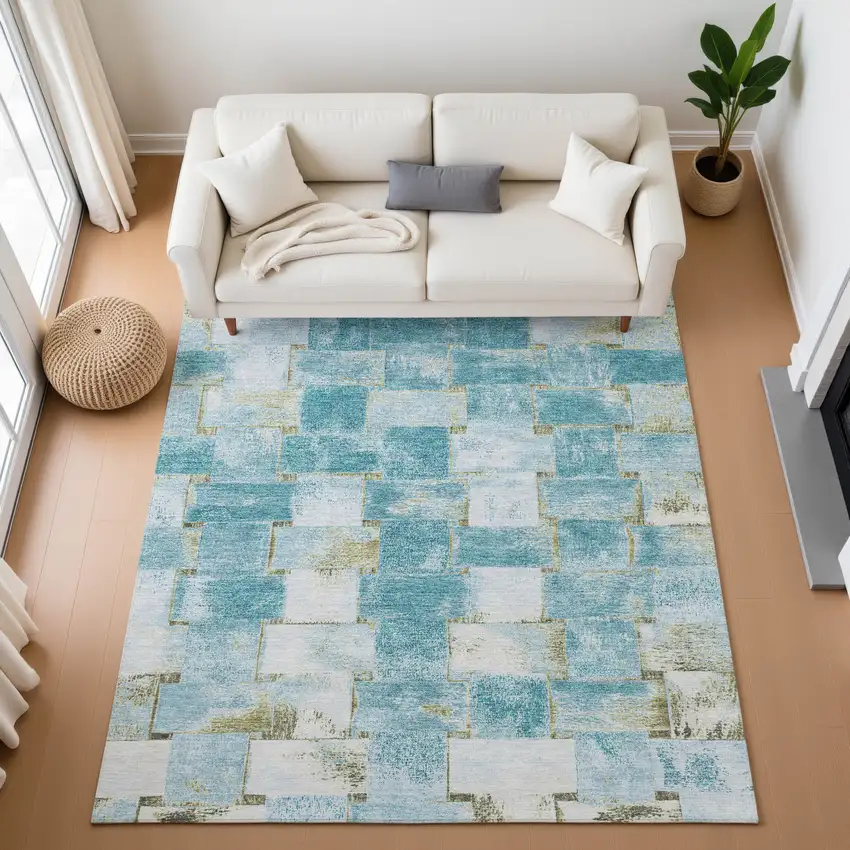 Teal And Khaki Striped Washable Area Rug With UV Protection Photo 5