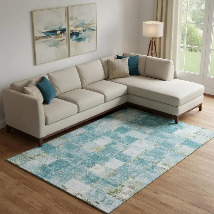 Teal And Khaki Striped Washable Area Rug With UV Protection Photo 2