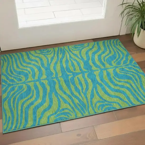 Teal And Lime Green Animal Print Washable Area Rug With UV Protection Photo 2