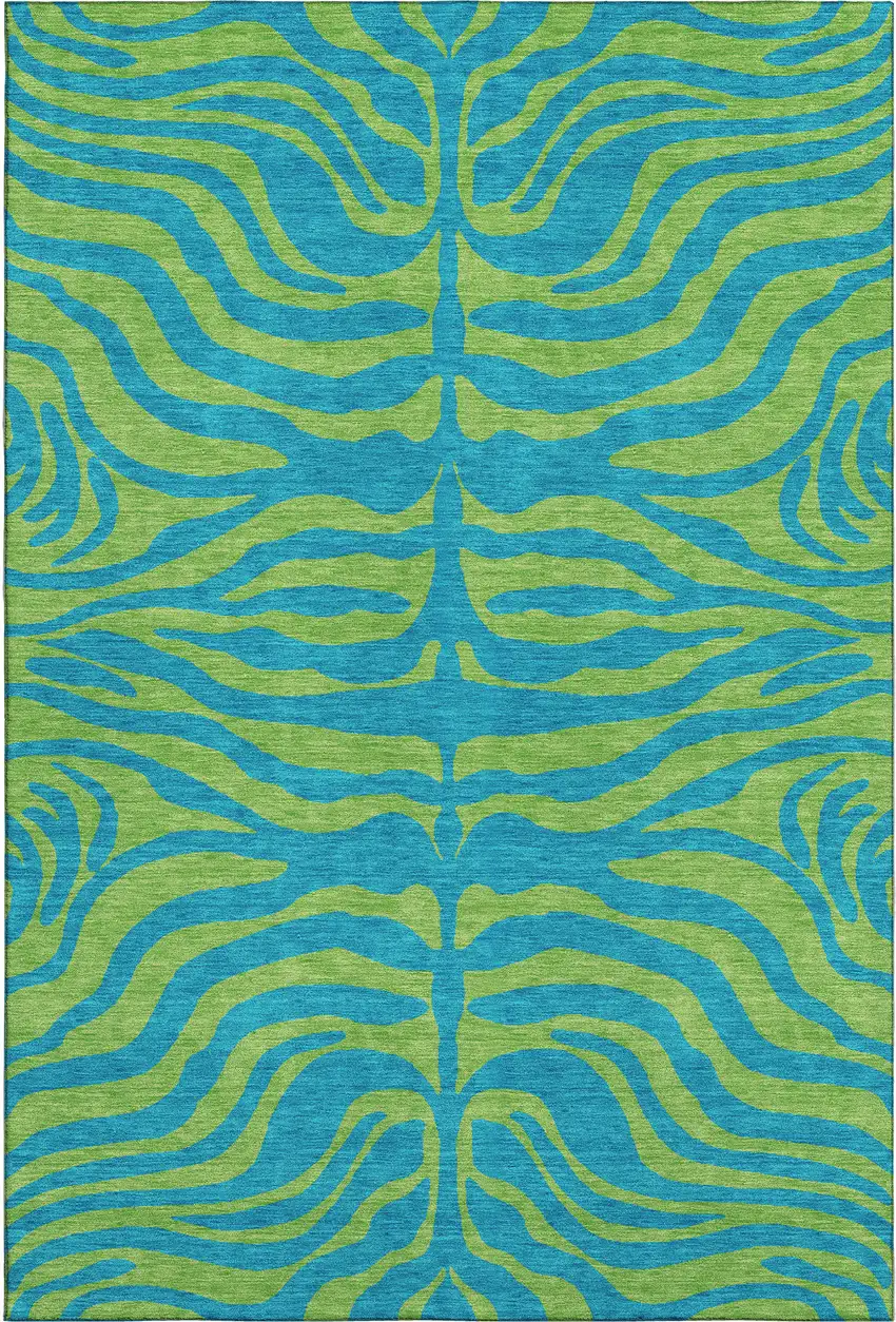 Teal And Lime Green Animal Print Washable Area Rug With UV Protection Photo 1