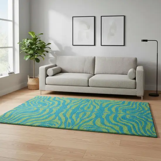 Teal And Lime Green Animal Print Washable Area Rug With UV Protection Photo 2