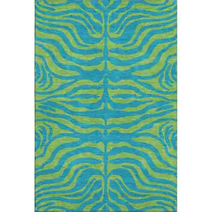 Photo of Teal And Lime Green Animal Print Washable Area Rug With UV Protection