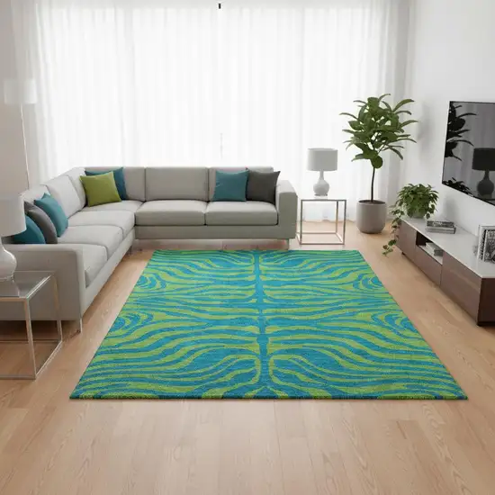 Teal And Lime Green Animal Print Washable Area Rug With UV Protection Photo 2