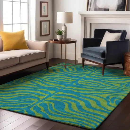 Teal And Lime Green Animal Print Washable Area Rug With UV Protection Photo 3