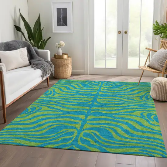 Teal And Lime Green Animal Print Washable Area Rug With UV Protection Photo 5