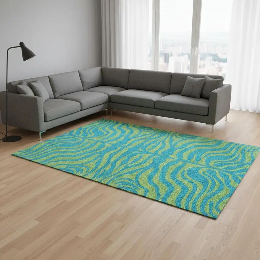 Teal And Lime Green Animal Print Washable Area Rug With UV Protection Photo 2