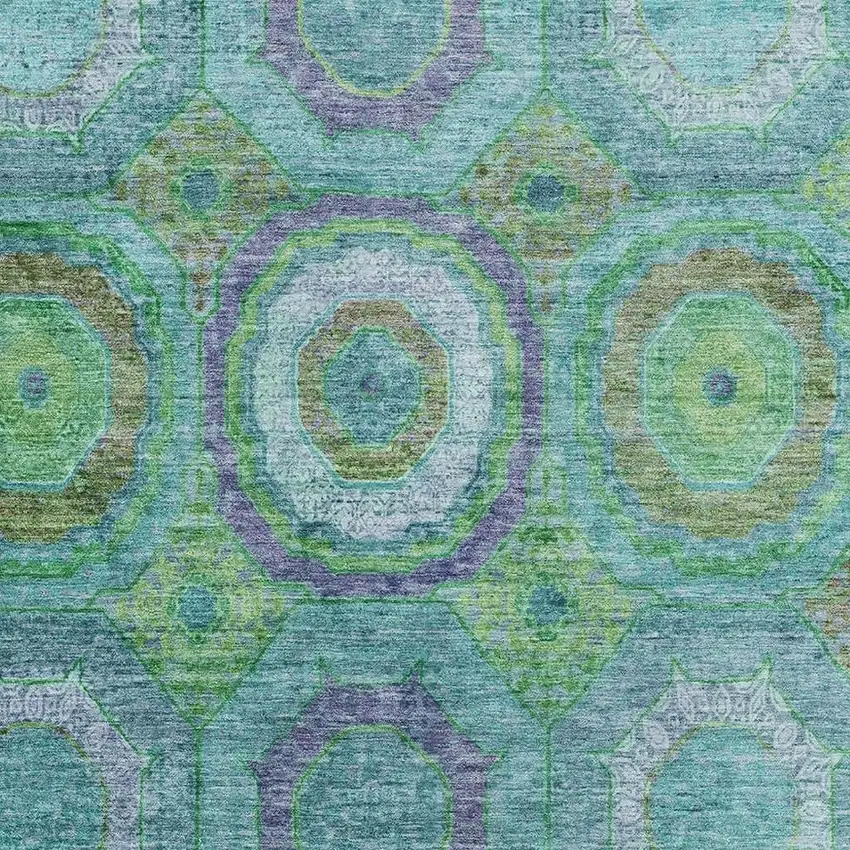 Teal And Lime Green Geometric Washable Area Rug With UV Protection Photo 3