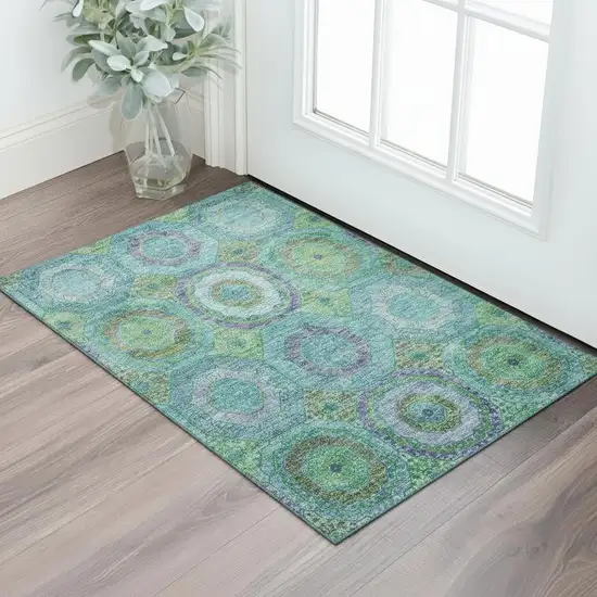 Teal And Lime Green Geometric Washable Area Rug With UV Protection Photo 2