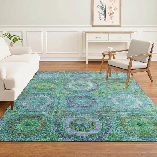Teal And Lime Green Geometric Washable Area Rug With UV Protection Photo 6