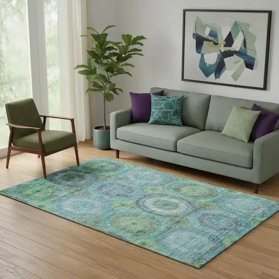 Teal And Lime Green Geometric Washable Area Rug With UV Protection Photo 2