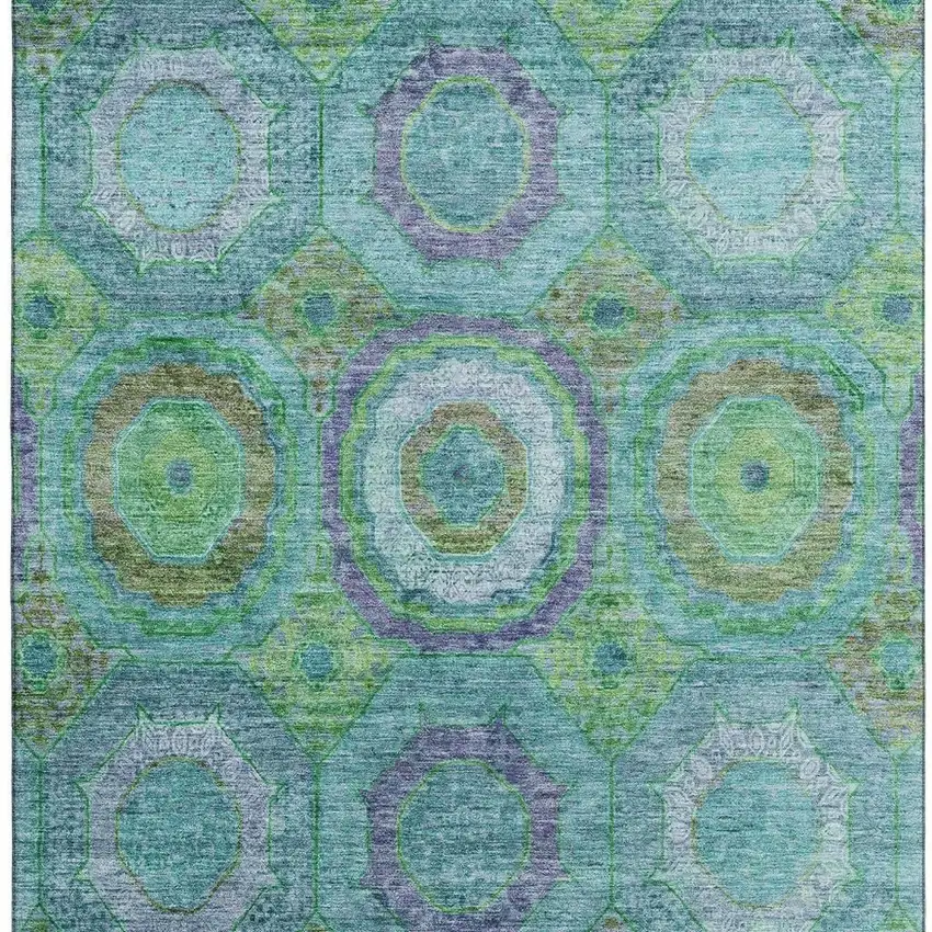 Teal And Lime Green Geometric Washable Area Rug With UV Protection Photo 3