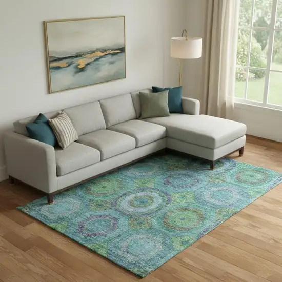 Teal And Lime Green Geometric Washable Area Rug With UV Protection Photo 2