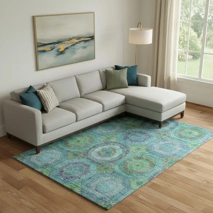 Teal And Lime Green Geometric Washable Area Rug With UV Protection Photo 2