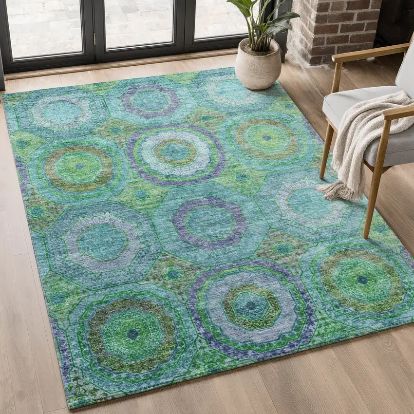Teal And Lime Green Geometric Washable Area Rug With UV Protection Photo 5