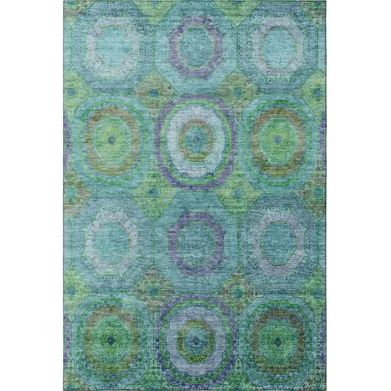 Teal And Lime Green Geometric Washable Area Rug With UV Protection Photo 4