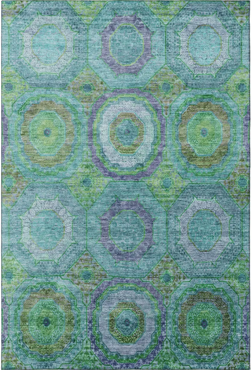 Teal And Lime Green Geometric Washable Area Rug With UV Protection Photo 4