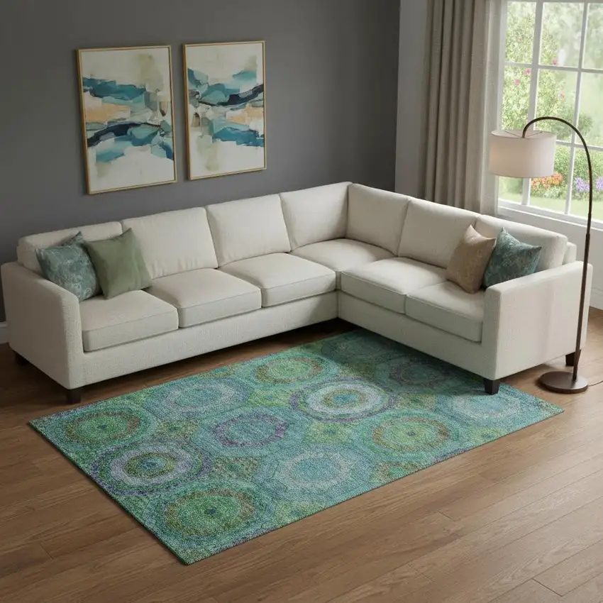 Teal And Lime Green Geometric Washable Area Rug With UV Protection Photo 2