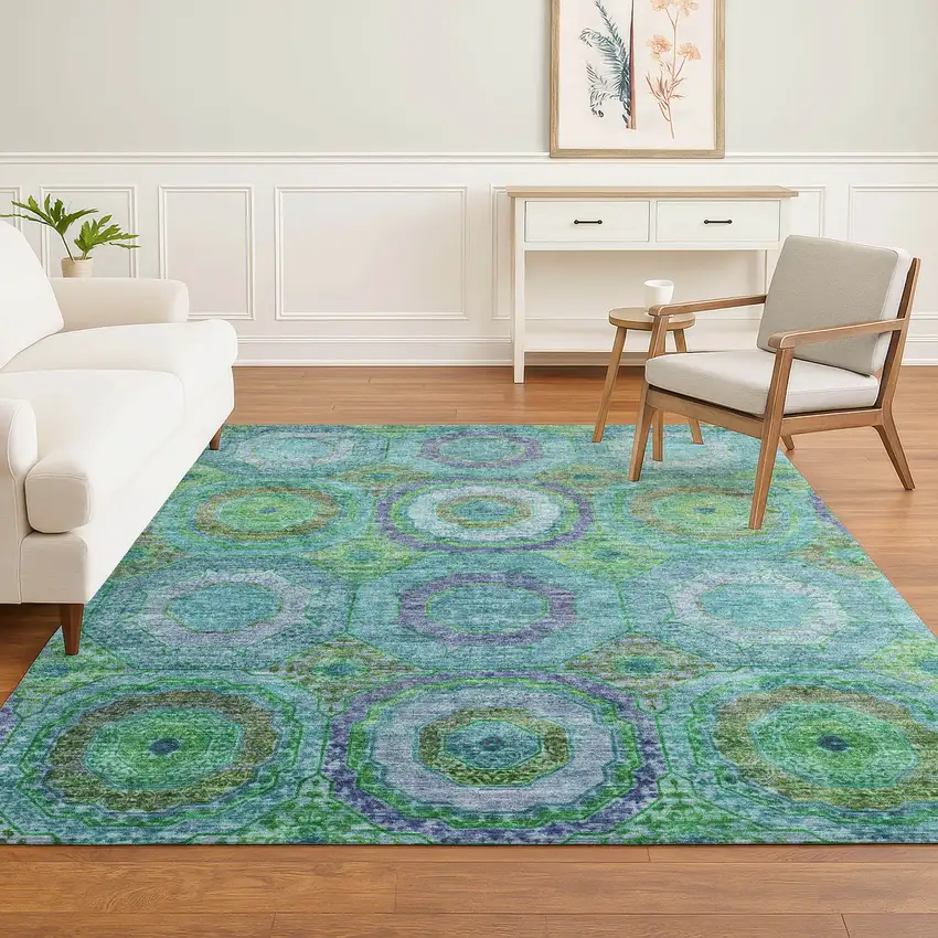 Teal And Lime Green Geometric Washable Area Rug With UV Protection Photo 6