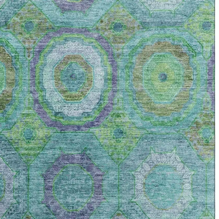 Teal And Lime Green Geometric Washable Area Rug With UV Protection Photo 3