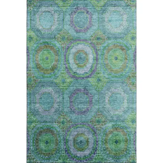 Teal And Lime Green Geometric Washable Area Rug With UV Protection Photo 1