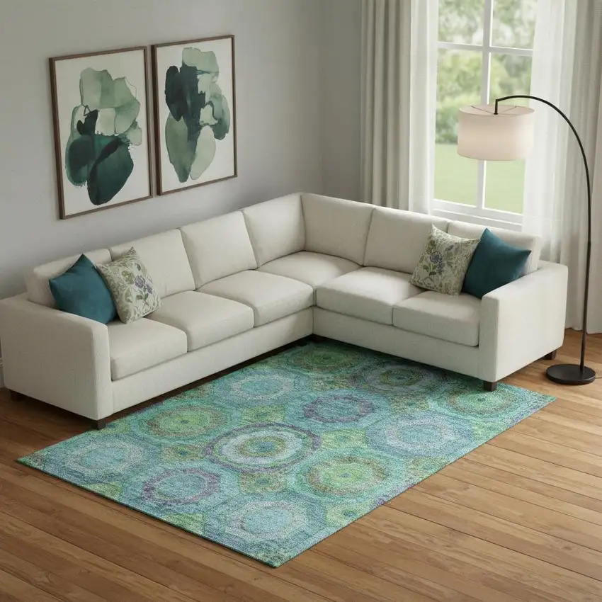 Teal And Lime Green Geometric Washable Area Rug With UV Protection Photo 2