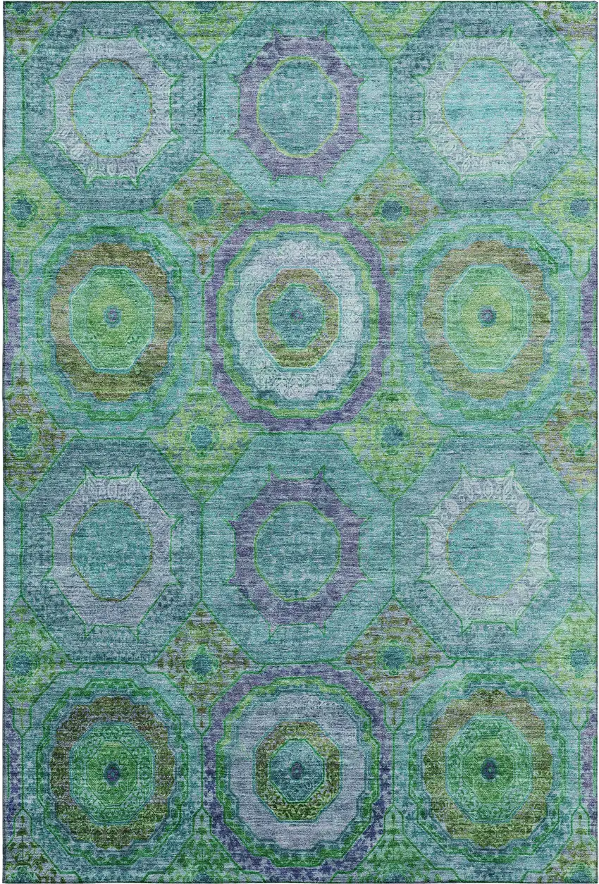 Teal And Lime Green Geometric Washable Area Rug With UV Protection Photo 1