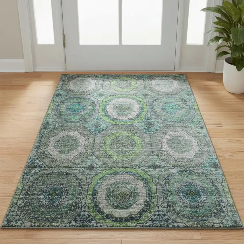 Teal And Lime Green Geometric Washable Area Rug With UV Protection Photo 2