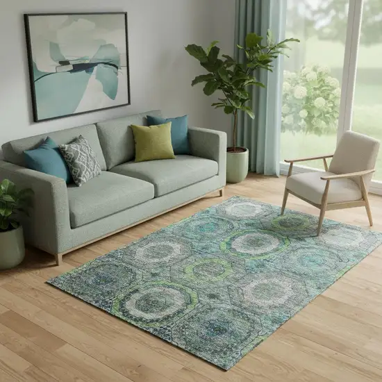 Teal And Lime Green Geometric Washable Area Rug With UV Protection Photo 2