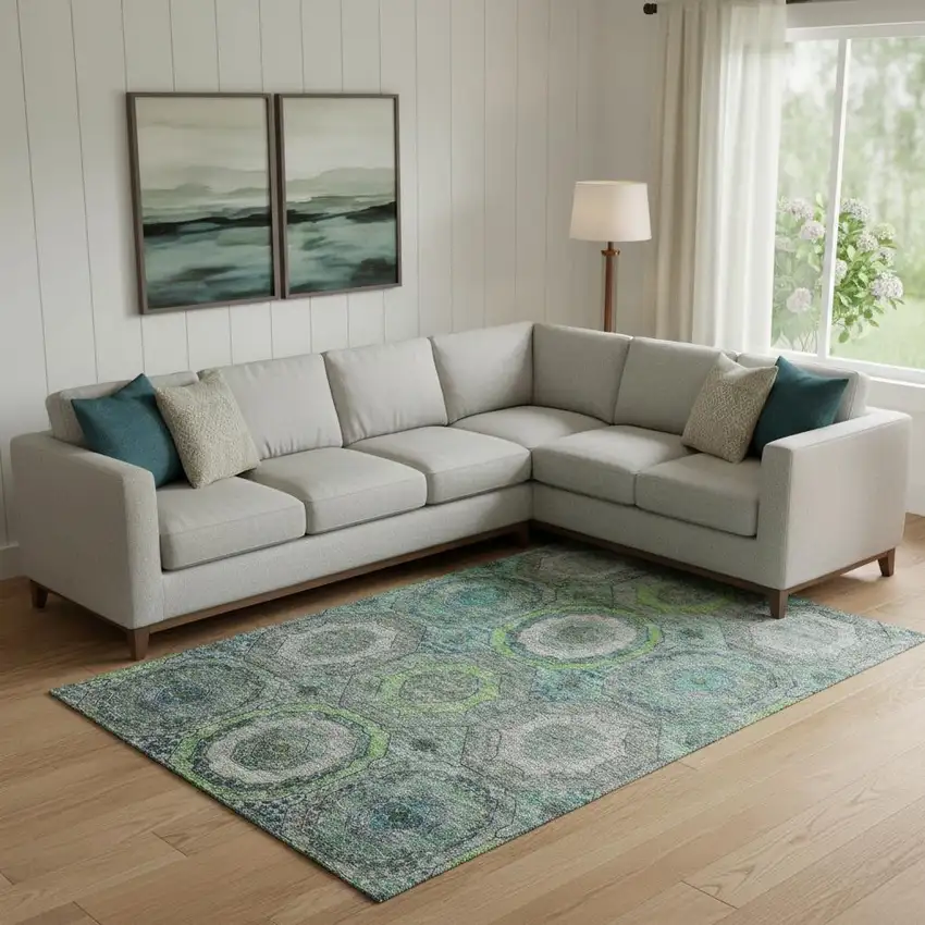 Teal And Lime Green Geometric Washable Area Rug With UV Protection Photo 2