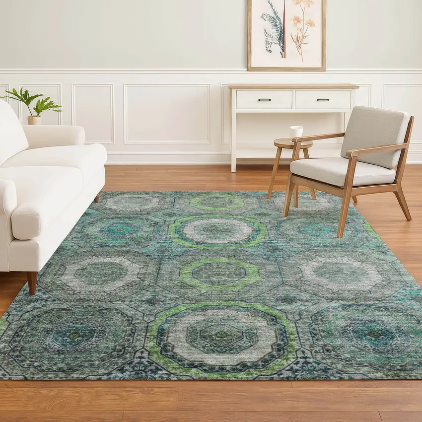 Teal And Lime Green Geometric Washable Area Rug With UV Protection Photo 6
