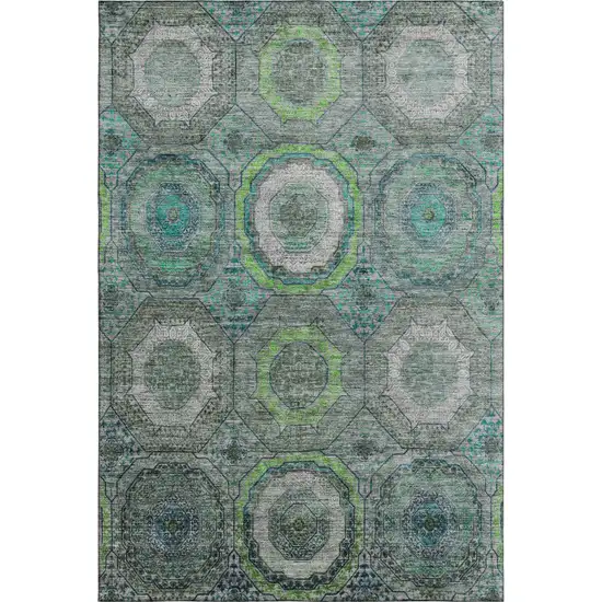 Teal And Lime Green Geometric Washable Area Rug With UV Protection Photo 1