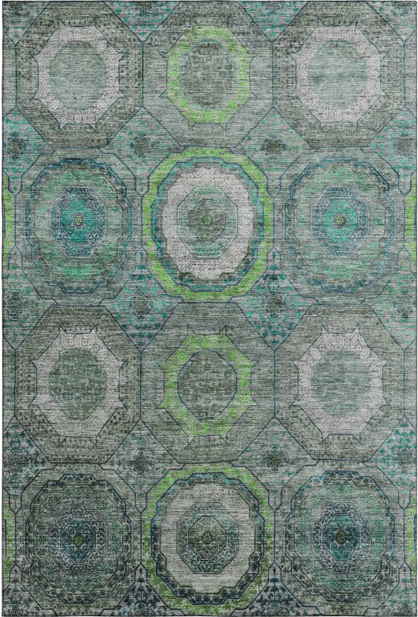 Teal And Lime Green Geometric Washable Area Rug With UV Protection Photo 1