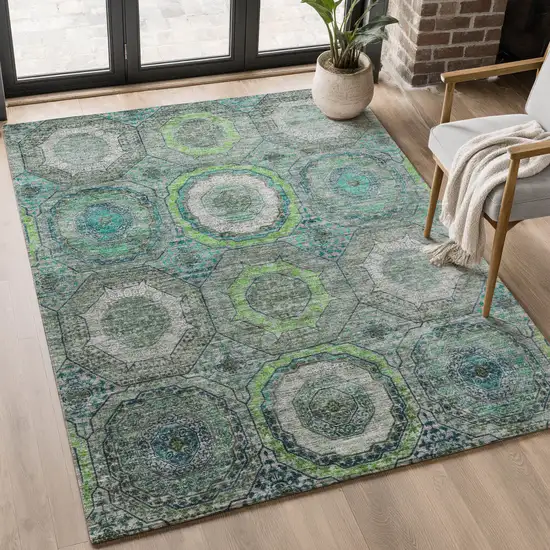 Teal And Lime Green Geometric Washable Area Rug With UV Protection Photo 5