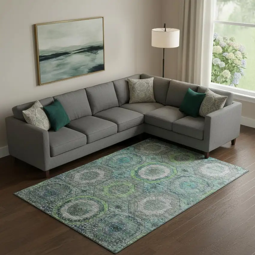 Teal And Lime Green Geometric Washable Area Rug With UV Protection Photo 2