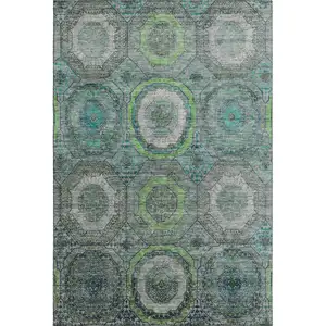Photo of Teal And Lime Green Geometric Washable Area Rug With UV Protection
