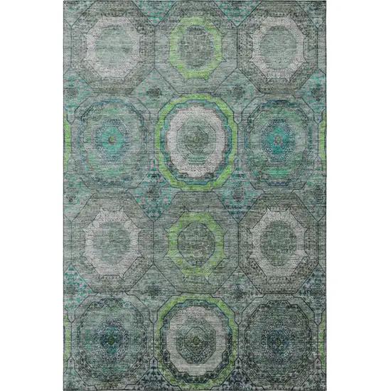Teal And Lime Green Geometric Washable Area Rug With UV Protection Photo 4