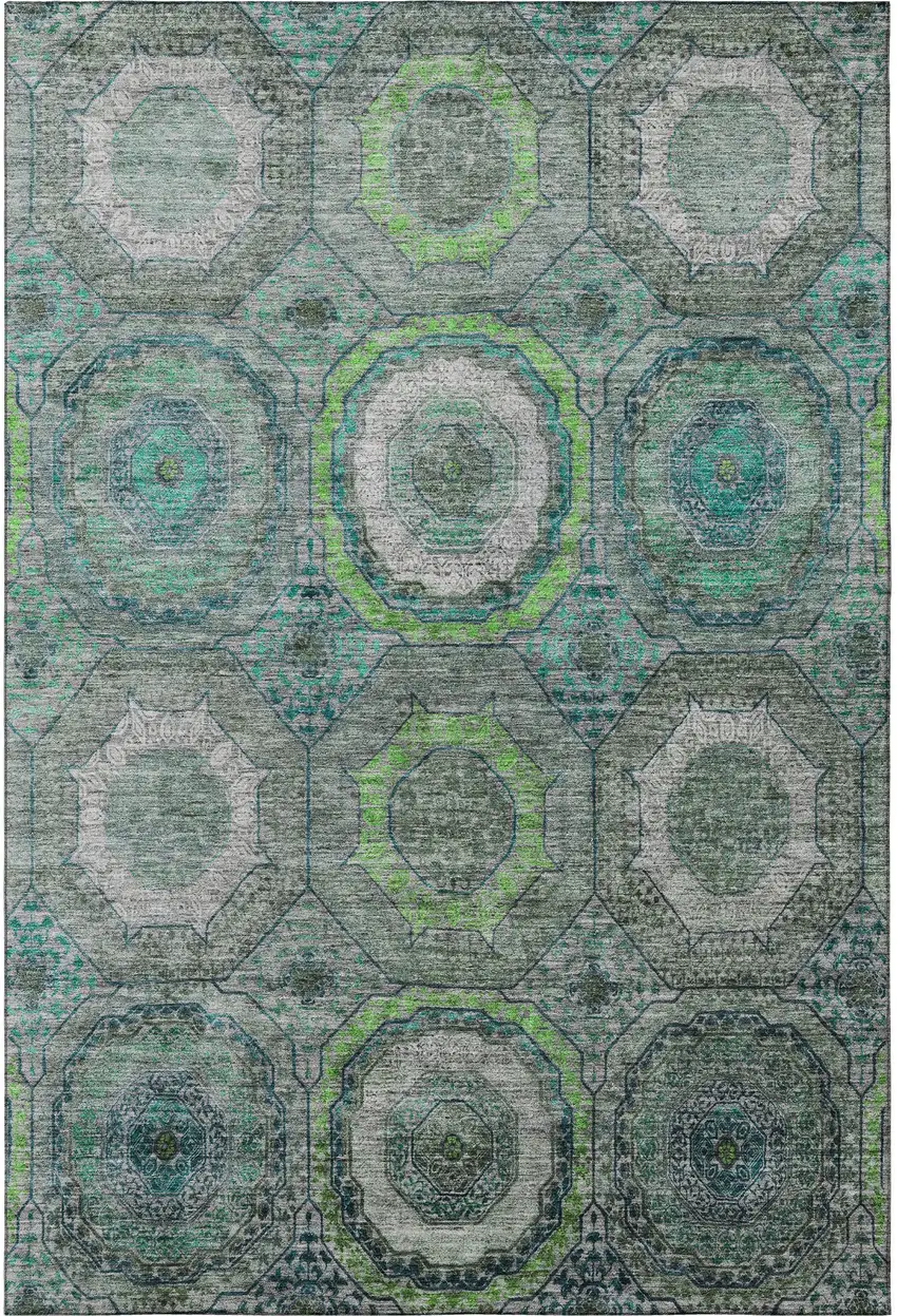 Teal And Lime Green Geometric Washable Area Rug With UV Protection Photo 4
